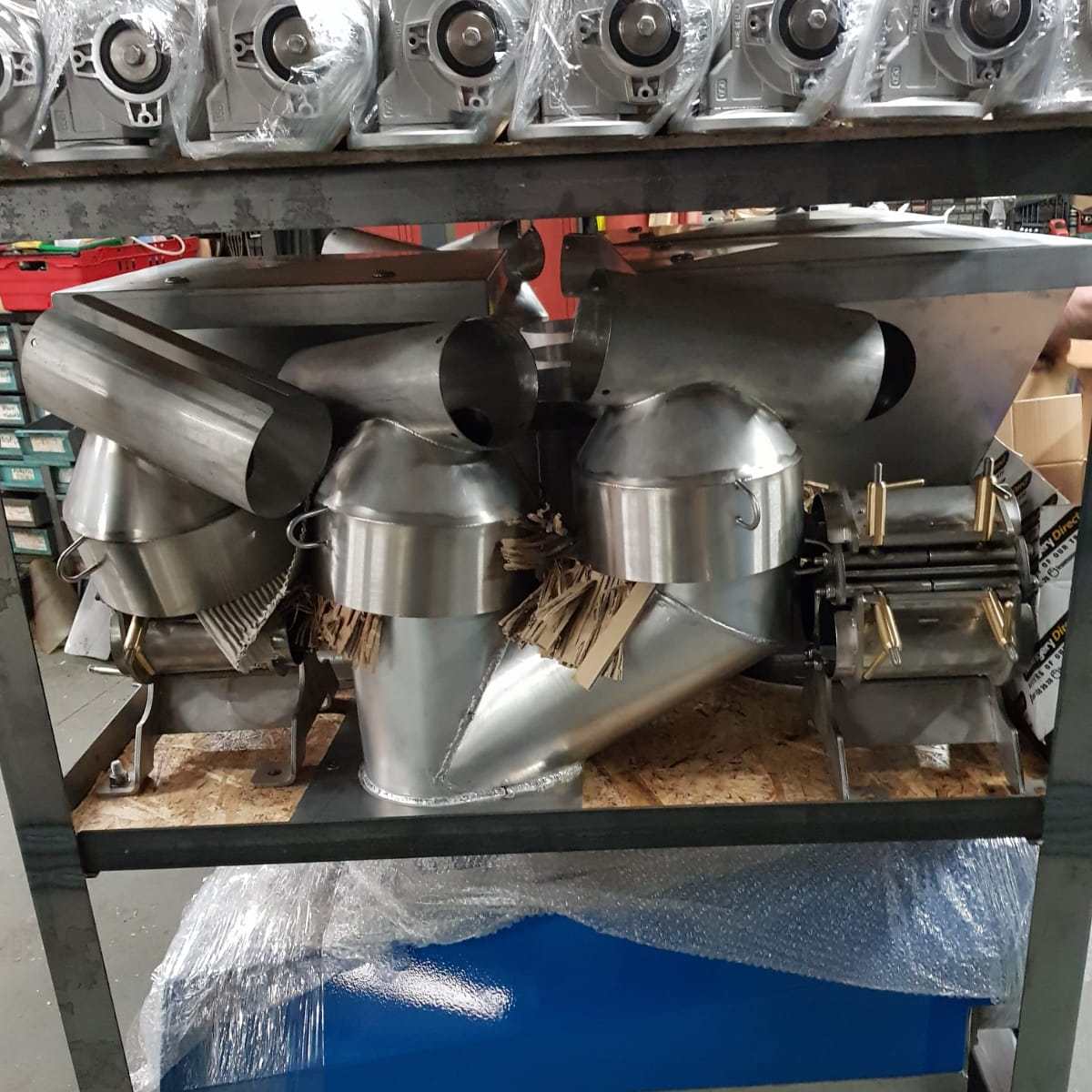 Augers, boxers, pipe supports and sluice boxes packed for shipping